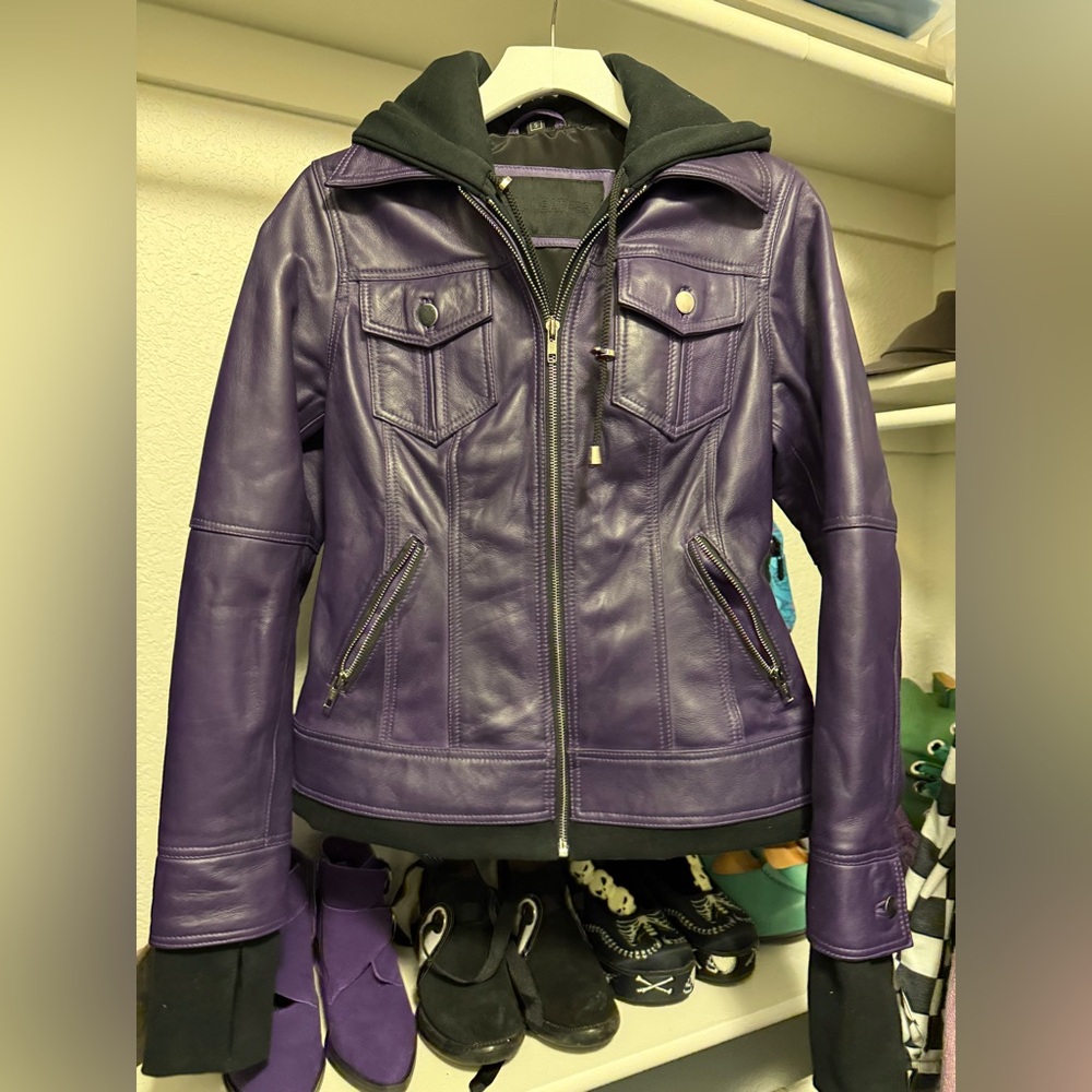 Purple Women's  Leather Hooded Jacket